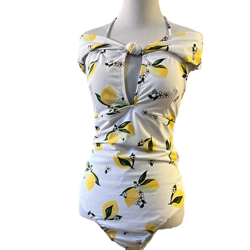 CUPSHE OFF SHOULDER HALTER LEMON PRINT ONE PIECE SWIMSUIT WHT MULTI SIZE LARGE